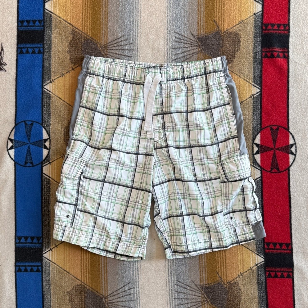 Nike Sportswear Mens Plaid Board Shorts White Green Grey Drawstring Size Large